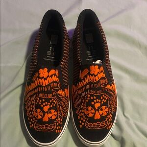 Black and Orange Embroidered Slip-On Loafers